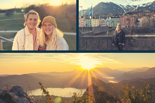 A photo collage of various snapshots, showing Darcie in Salzburg (Austria), Darcie and another InterNations intern, and a sunrise in the Alps 